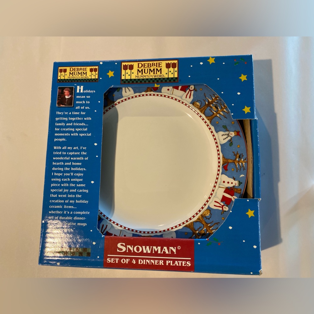 Vintage Sakura Debbie Mumm Christmas Snowman 11" Dinner Plate - Set of 4 - New